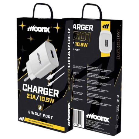 Ładowarka 220V 1X USB 5V 2,1A biała MOONX + KABEL LIGHTNING